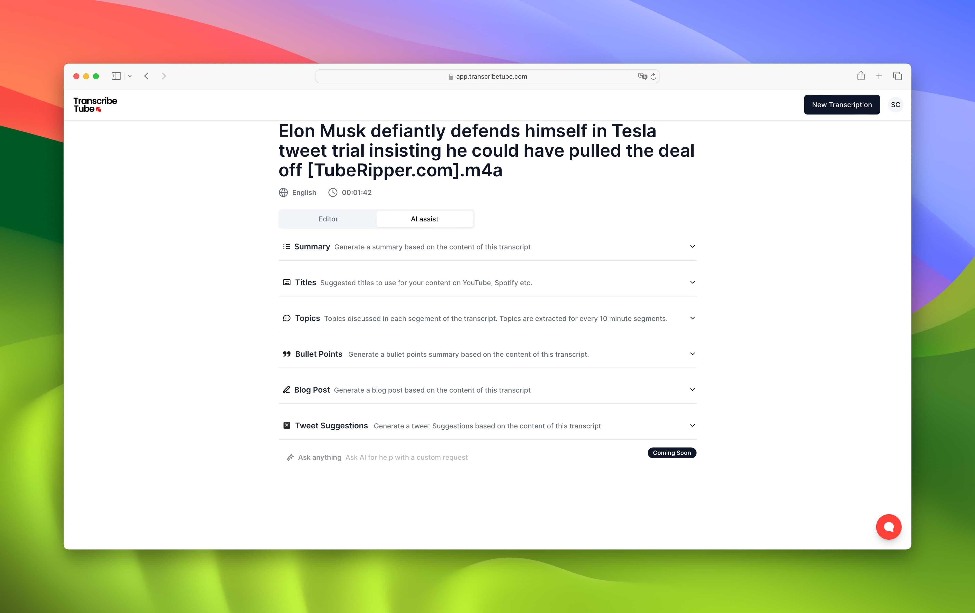 convert transcription to other formats like blog post, tweet and summarization of the text